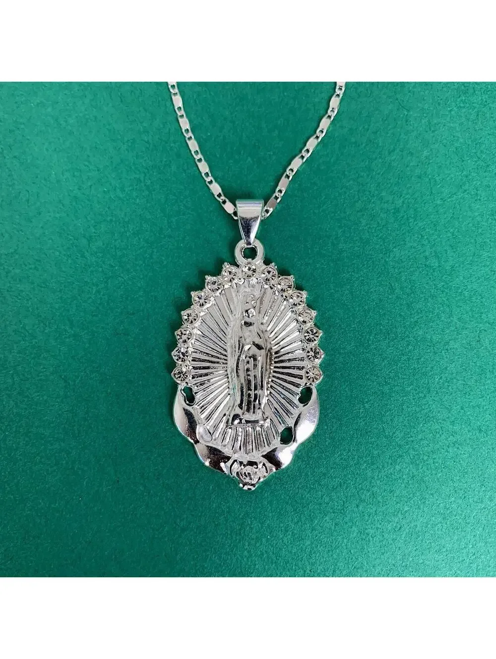 Silver Saint Marry rhinestone pendant y2k 90s style necklace chain. Grunge punk
